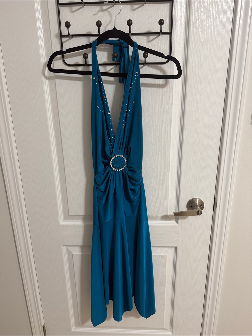 Teal Halter Party Dress with Rhinestone Ring